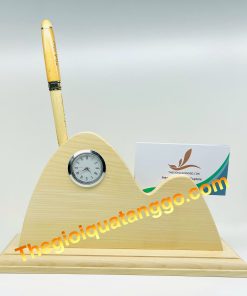 Hộp lọ cắm bút gỗ có khay namecard và đồng hồ